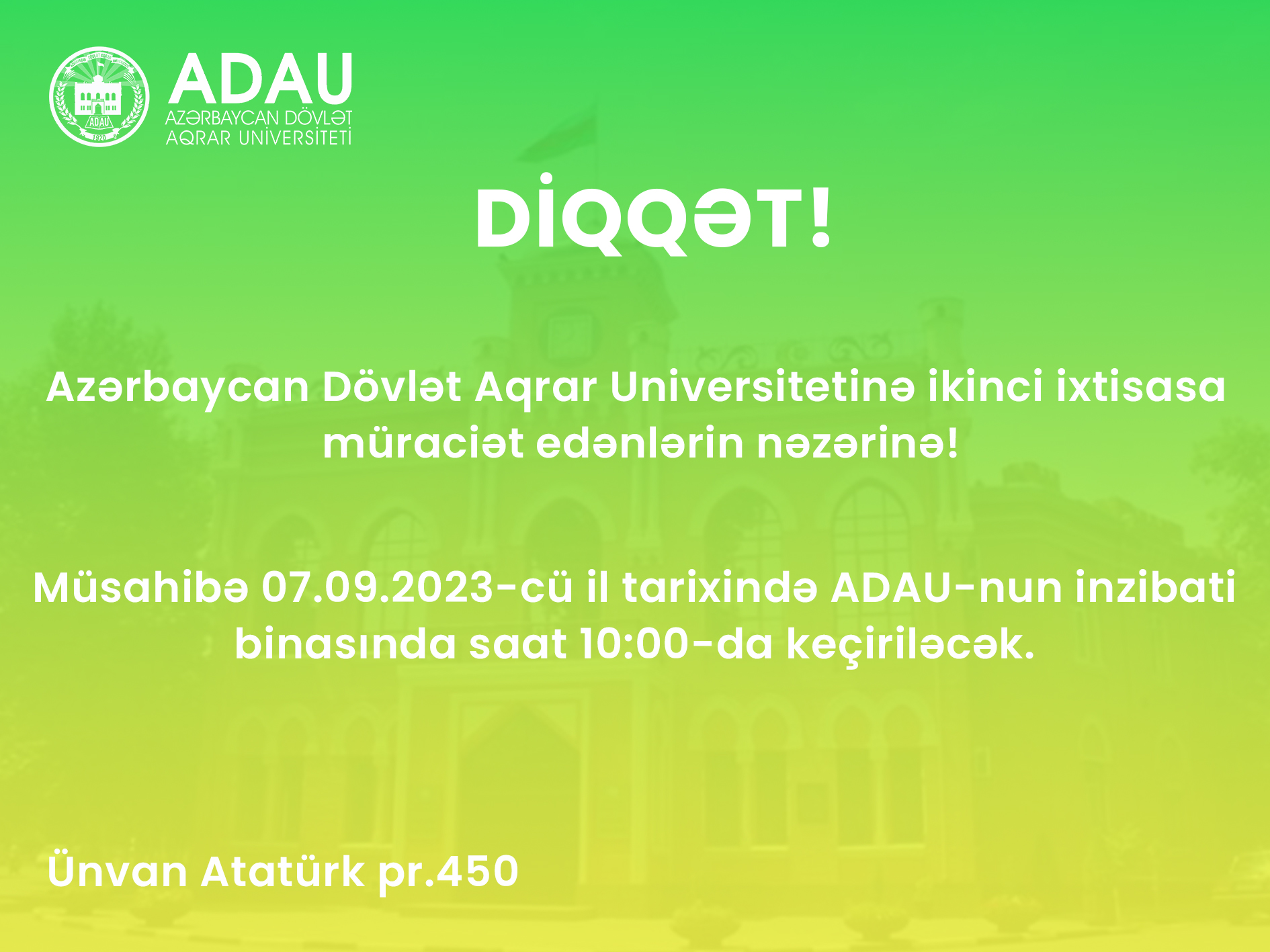 Azərbaycan Dövlət Aqrar Universitetinə ikinci ixtisasa müraciət edənlərin nəzərinə!